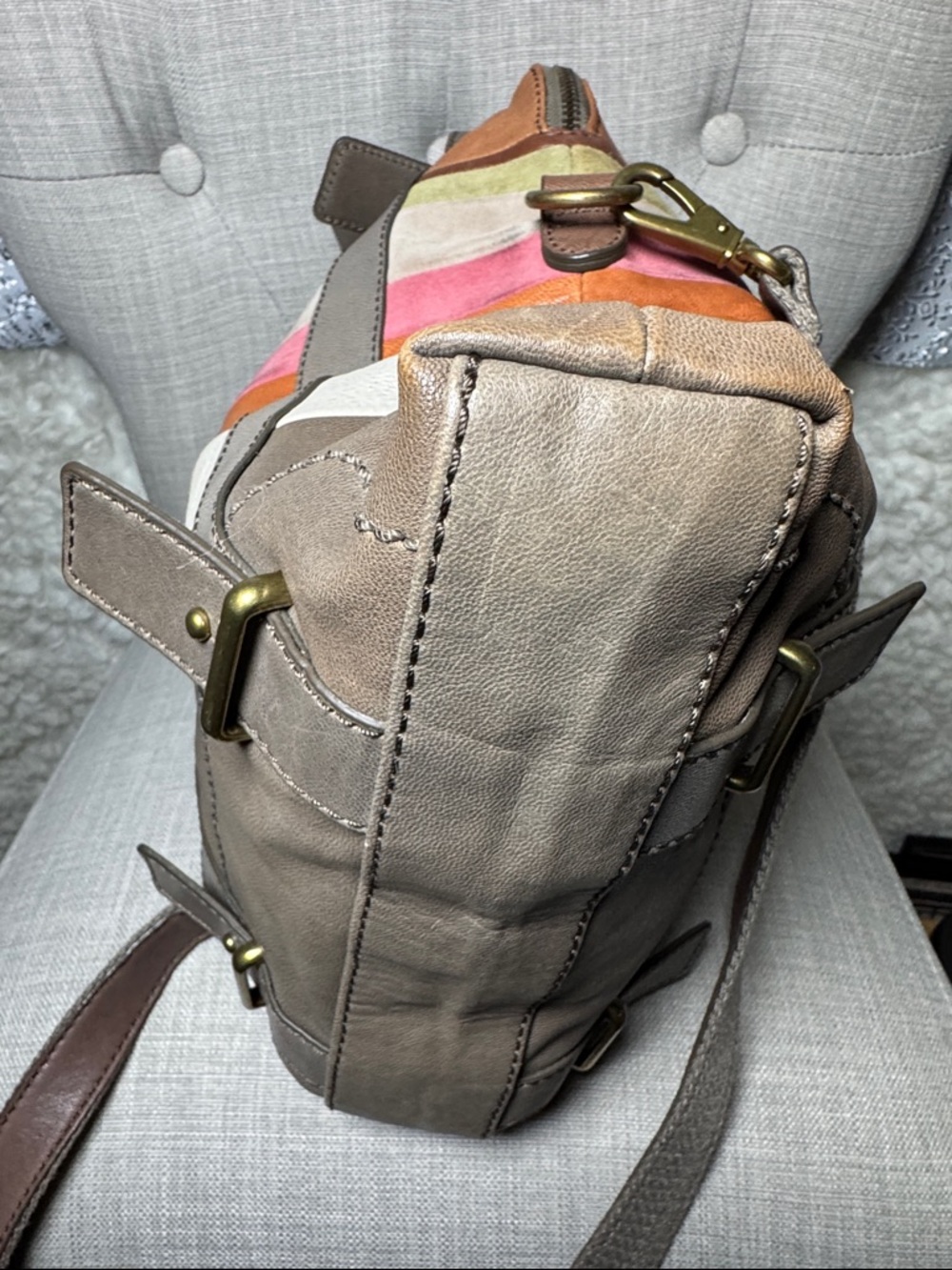 Fossil Leather Multi-Stripe Tote Bag in Brown and Pink - Picture 5 of 5